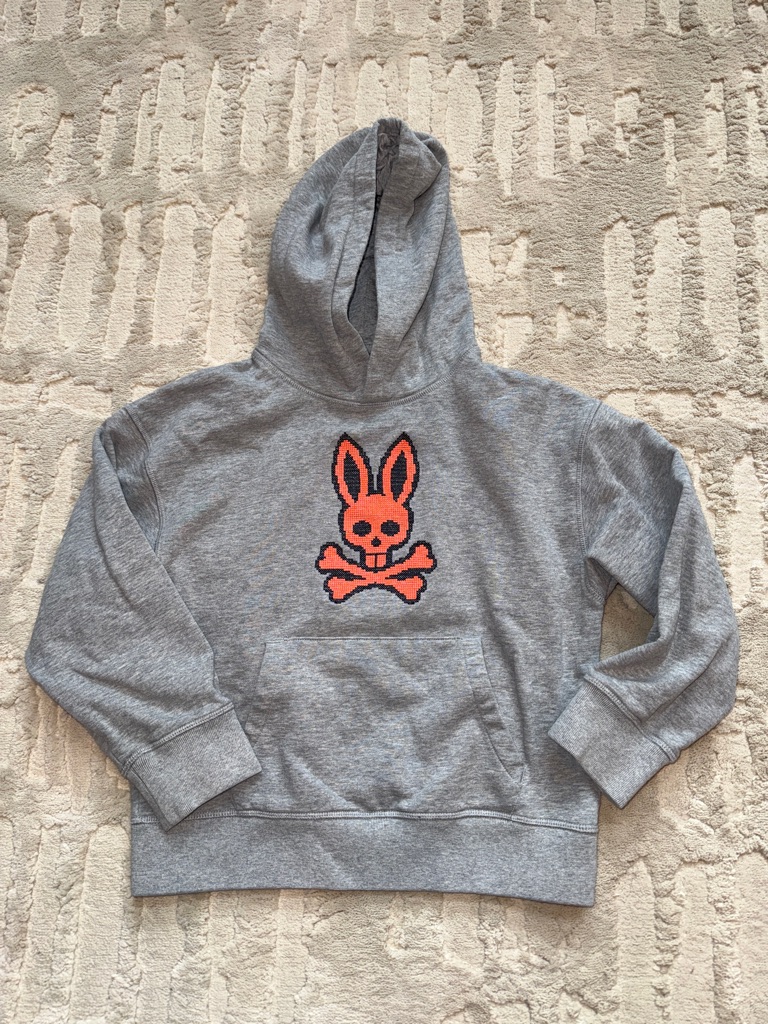 Psycho Bunny Gray Hoodie With Orange Bunny Skull S/7-8 Euc